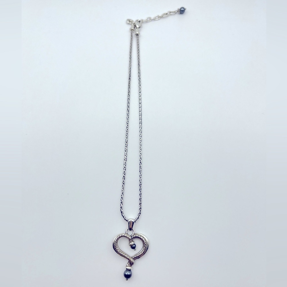 Brighton Silver Tone Heart And Pearl Pendant Necklace Heart Charm Rope Chain